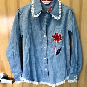 Blue Chambray Button-Down Shirt with Red Flower Applique